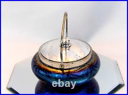 Loetz Style Bohemian Glass Iridescent Sweetmeat Dish with Silver Lid & Handle