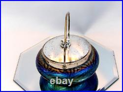Loetz Style Bohemian Glass Iridescent Sweetmeat Dish with Silver Lid & Handle