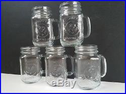Lot 5 Count County Fair Glass Drinking Jars Cups Handle Rooster Chicken