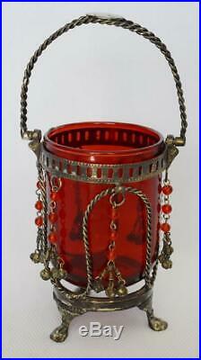 Lovely Rare Victorian Era Handled 3 Ftd Spooner W Flashed Ruby Glass Metal Beads