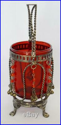 Lovely Rare Victorian Era Handled 3 Ftd Spooner W Flashed Ruby Glass Metal Beads