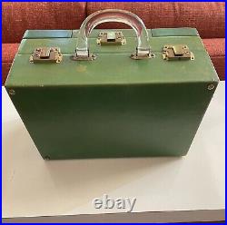 Luggage 1940s Green Leather Fitted Makeup Overnight Train Case Lucite Handle VTG