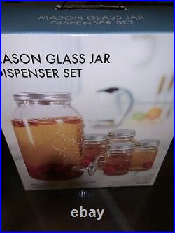 MASON JAR Glass 1 Gallon Drink Beverage Dispenser & 4 Mugs with Lids