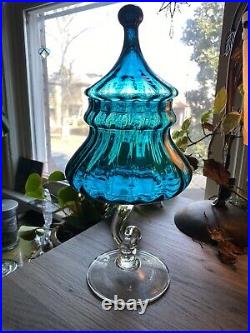 MCM Teal Blue Glass Apothecary or Candy Dish Jar withCircus Tent Lid Empoli