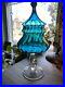 MCM Teal Blue Glass Apothecary or Candy Dish Jar withCircus Tent Lid Empoli