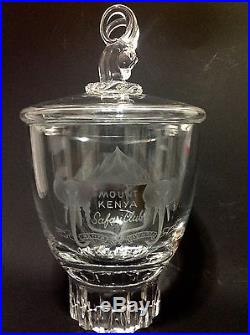 MOSER LOBMEYR GLASS MOUNT KENYA SAFARI CLUB ETCHED JAR. GAZELLE HANDLE. VERY RARE