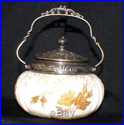 MT. WASHINGTON-CROWN MILANO-SWEETMEAT JAR WithLID-HANDLE-GOLD ROSES MOTIF C 1890