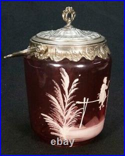 Mary Gregory Girl & Birds Cranberry Glass Biscuit Jar withHandle & Lid