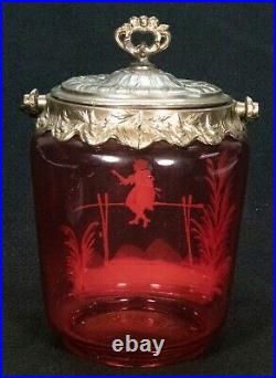 Mary Gregory Girl & Birds Cranberry Glass Biscuit Jar withHandle & Lid