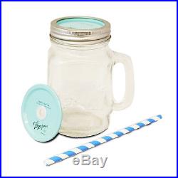 Mason Jar (Blue) Handle Lid-Switch Straw Drinking Mug Glass Party Gift Decor