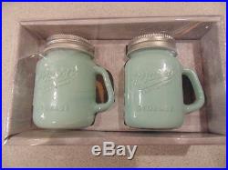 Mason Jar Green Opaque Milk Glass Salt & Pepper Shakers With Handles BPA free NIB