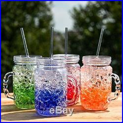 Mason Jar Mugs With Handles Lid Straws Set of 4 Color Acrylic Cold Drinking