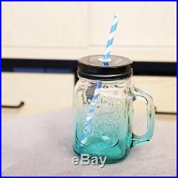 Mason Jar (Ombre Blue) Handle Lid Straw Drinking Mug Glass Party Gift Decor
