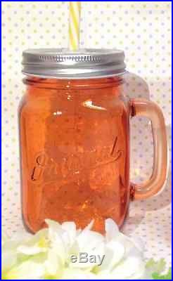Mason Jar (Orange) Handle Lid Straw Vintage Drinking Mug Glass -Party Gift Decor