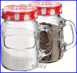 Mason Jar Salt and Pepper Shaker Set with Handles Shakers Jars Clear Glass Red