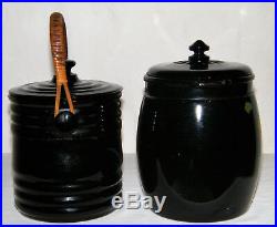 Matching Pair Hand Painted BLACK AMETHYST GLASS COOKIE JAR & ICE BUCKET W Handle