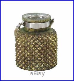 Mercury Glass Lantern Jar withRope Handle Green Gold Washed Pineapple Pattern NEW
