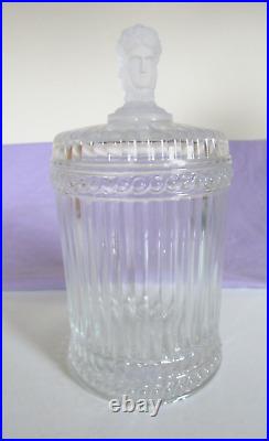 Metropolitan Museum Art 3 faces clear & Frosted Wright glass Biscuit Cracker jar