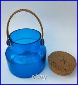 Mid-Century Takahashi Cobalt Blue Glass Jar Canister Cork Lid Bale Rattan Handle