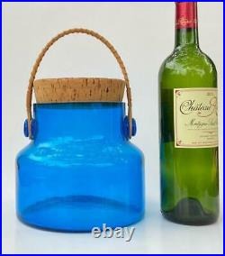 Mid-Century Takahashi Cobalt Blue Glass Jar Canister Cork Lid Bale Rattan Handle