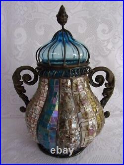 Mosaic Art Jar, Large Metal Frame, Ribbed Glass Center, Ornate Handles, HEJ
