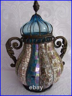 Mosaic Art Jar, Large Metal Frame, Ribbed Glass Center, Ornate Handles, HEJ