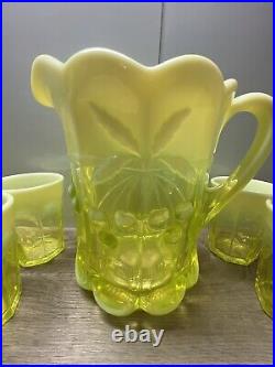 MoserOpalescent Uranium Glass Cherry & Cable Pattern Pitcher And Glasses