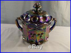 Mosser Blue Carnival Glass CHERRY & CABLE Covered Handled Cookie Biscuit Jar