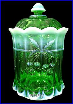 Mosser Green Opalescent Cherry Cable Thumbprint Tobacco Jar Cookie Canister
