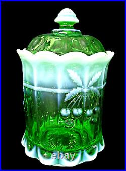 Mosser Green Opalescent Cherry Cable Thumbprint Tobacco Jar Cookie Canister