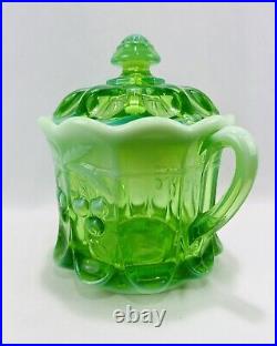 Mosser Green Opalescent Cherry Glass 2 Handle Candy Biscuit Cookie Jar Container