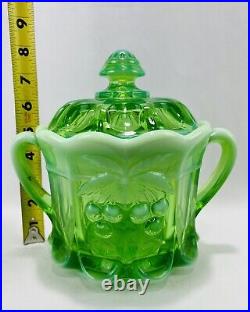 Mosser Green Opalescent Cherry Glass 2 Handle Candy Biscuit Cookie Jar Container