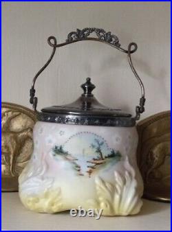 Mount Washington Biscuit Cracker Jar, Opalware Satin Glass, Crown Milano Beading