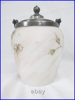 Mt Mount Washington CROWN MILANO Victorian Floral Painted Pink Glass Biscuit Jar