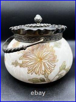Mt. Washington-Crown Milano-Opaque Glass Biscuit Jar With Enameled Chrysanthemum