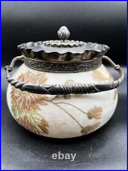 Mt. Washington-Crown Milano-Opaque Glass Biscuit Jar With Enameled Chrysanthemum