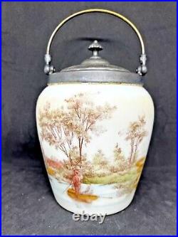Mt Washington/Pairpoint Covered Biscuit Jar In Landscaped Decor Of Men In Boats
