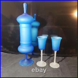 Murano Carlo Moretti Blue Satinato Empoli Lidded Apothecary Jar w 2 Glasses VTG