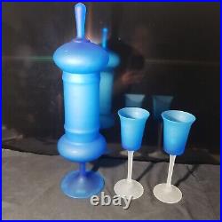 Murano Carlo Moretti Blue Satinato Empoli Lidded Apothecary Jar w 2 Glasses VTG