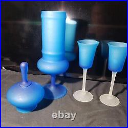 Murano Carlo Moretti Blue Satinato Empoli Lidded Apothecary Jar w 2 Glasses VTG