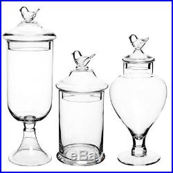 MyGift Set of 3 Bird Top Handle Design Clear Glass Apothecary Jar