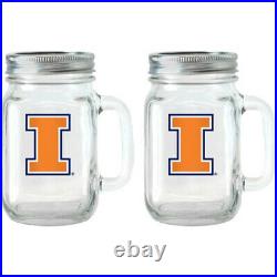 NCAA 16 oz Illinois Fighting Illini Glass Jar with Lid and Handle, 2pk