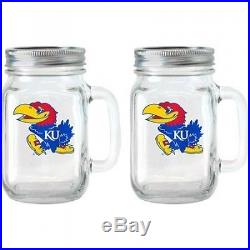 NCAA 470ml Kansas Jayhawks Glass Jar with Lid and Handle, 2pk. Free Shipping