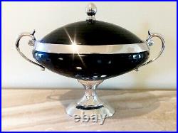 NEW Faceted Glass Steel Handmade Urn Canister Lidded Jar with Handles Onyx Black