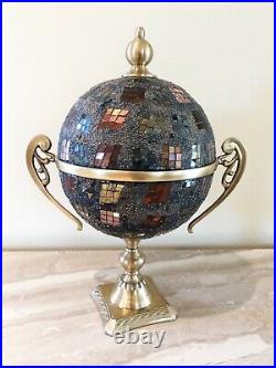 NEW Glass Mosaic Brass Handmade Urn Canister Lidded Jar with Handles Slate Gray