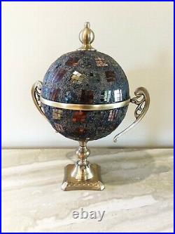 NEW Glass Mosaic Brass Handmade Urn Canister Lidded Jar with Handles Slate Gray