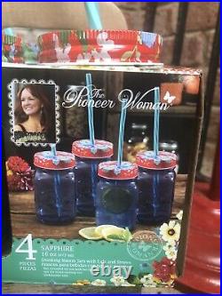 NEW Pioneer Woman Set of 8 Sapphire Blue 16oz Mason Jar Drinking Glasses Straws