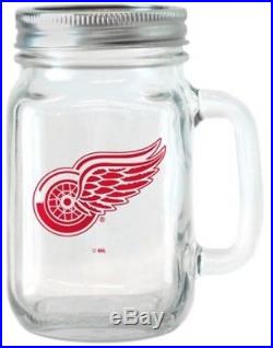 NHL 16 Oz Detroit Red Wings Glass Jar With Lid And Handle, 2pk