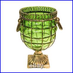 NNEAGS Green Colored European Glass Jar Flower Vase Solid Base with Metal Handle