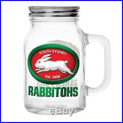 NRL South Sydney Rabbitohs TEAM Glass Mason Jar With Handle Fathers Day Man Cave